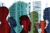 Conceptual image of red, blue and green silhouettes of people against the backdrop of a simplified city illustration