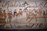 Bayeux medieval tapestry featuring embrodered scenes of battle