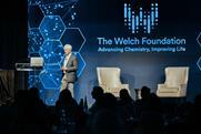 Eric N Jacobsen, Harvard University, taking the stage at the  Welch Foundation conference in 2024