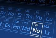 A section of the periodic table with element 102, Nobelium, highlighted