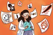 A pregnant chemistry looking worriedly at hazard symbols