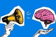 Trendy art collage of sketch hands with megaphone and brain. Communication, marketing, job search, employment agency concept. Retro hand drawn vector illustration.