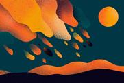 Surreal abstract illustration of blazing meteor-like shapes raining from a glowing orange sky over dark hills