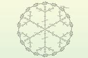 Chemical structure showing an organic ring of 18 units that include nitrogen, argon and zinc around a snowflakes like organic structure with six branches each with three subbranches