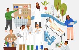 An illustration showing different uses for plastics, alongside plastics being recycled