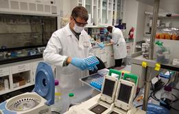 Edgar Cahoon and Charles Nwafor working 2 metres apart in the lab