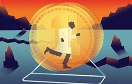 Researchers running inside a hamster wheel which is actually a coin