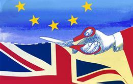 An illustration showing scissors separating the UK flag from the EU flag