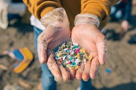 Someone holding small pieces of plastic on a beach