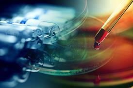 A close up composite image of a petri dish with pipette containing red liquid
