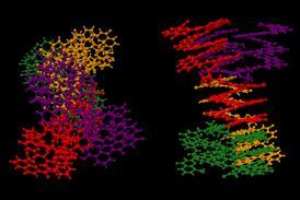 3D image showing a 3D view of an abiotic, tetrameric, eight-helix bundle