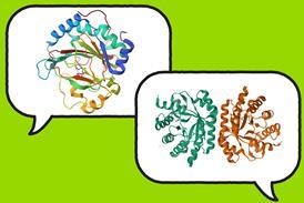 Two speech bubbles each containing enzyme structures