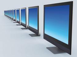 A row of computer monitors, which rely on indium in their construction