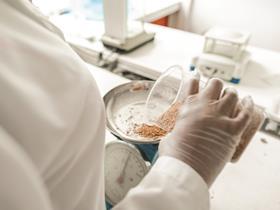 A scientist pouring a fine-grained mixture from a beaker onto a weighing scale