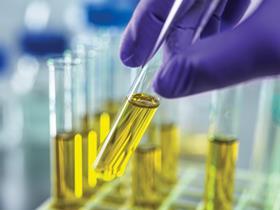 A gloved hand picking up a test tube filled with yellow liquid