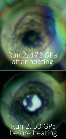 Photomicrographs of a sample at 50 GPa and after heating to about 1300 K at 172(±5) GPa