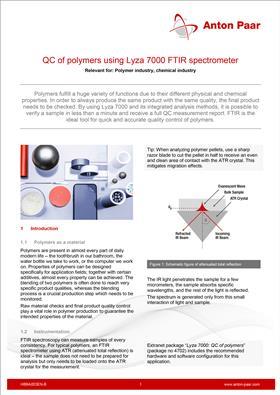 Cover page of Anton Paar application note titled QC of polymers using Lyza 7000 FTIR spectrometer