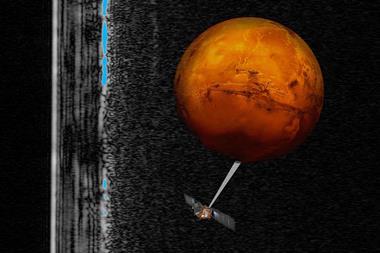 Artistic impression of the Mars Express spacecraft probing the southern hemisphere of Mars