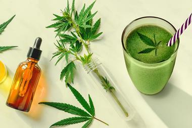 Product shot showing cannabis and cannabidiol products on a table with even lighting