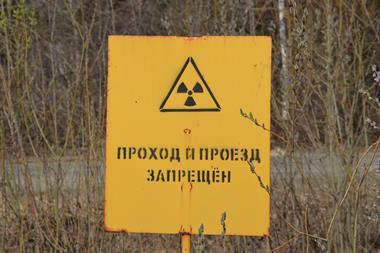 Radiation warning sign reading "Walk in and drive in forbidden", Mayak nuclear reprocessing plant, Chelyabinsk, Russia
