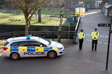 A police tent is seen behind a cordon outside The Maltings shopping centre where a man and a woman were found critically ill on a bench on March 4 and taken to hospital sparking a major incident, on March 7, 2018 in Wiltshire, England. Sergei Skripal, who