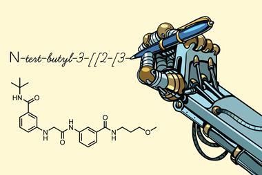 An illustration showing a robotic hand holding a pen and writing down a chemical compound name above a structure