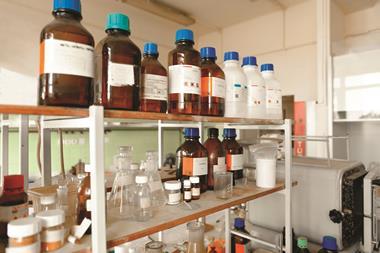 chemical bottles in laboratory