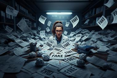 AI generated image of scientist drowning in a sea of fake papers