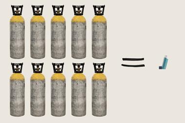 10 gas cylinders and 1 inhaler