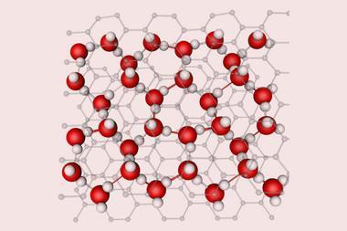 An image showing a hexagonal grey grid (representing graphene) overlaid with red-and-white ball-and-stick structures representing water molecules