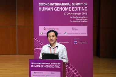 An image of He Jiankui at the Second International Summit on Human Genome Editing