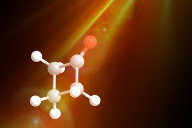 A molecule of cyclobutanone lit by a ray of light
