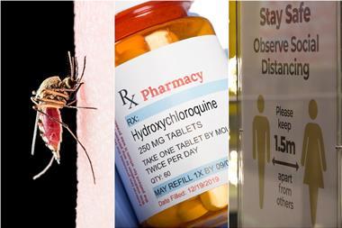 A mosquito, a bottle of hyroxychloroquine tablets and social distancing advice