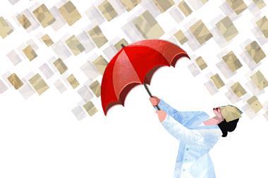 Woman in lab coat with red umbrella fighting against flurry of papers