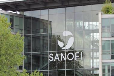 ite logo of the french multinational pharmaceutical company Sanofi on their glass office building in Lyon France