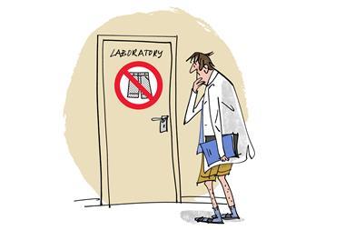 An image showing a researcher dressed in sandals and wearing shorts, pondering at a sign on a laboratory door which shows that shorts may not be worn
