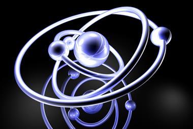 3D computer abstract rendering of an atomic particle, with a black background