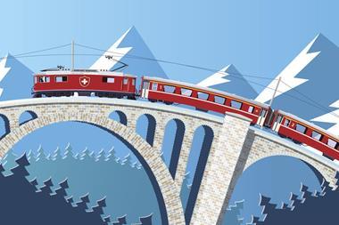 Swiss train on the bridge through the Alps