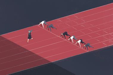 An illustration showing a woman running ahead of her male competitors