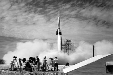 Test launch of Bumper 8: a two-stage rocket that topped a V-2 missile base with a WAC Corporal rocket