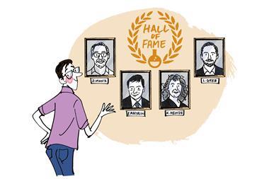 Man with Hall of Fame gallery wall