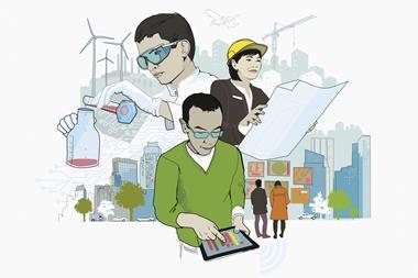 An image showing a chemist, a civil engineer and a data scientist contributing to a better society