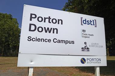 A road sign for Porton Down Science Campus which also includes DSTL, Public Health England, Porton Science Park and Porton Biopharma