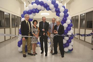 (Left to right) Steven Girvin, Tamar Gendler, Scott Miller, Benjamin Polak, and President Peter Salovey at the unveiling of new teaching labs at Sterling Chemistry Laboratory.