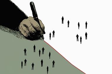 Hand drawing red dividing line separating groups of people