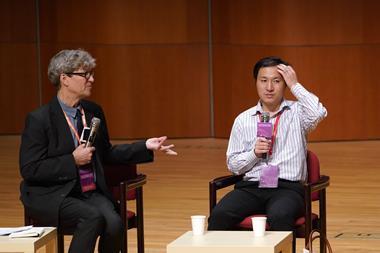 An image showing He Jiankui at the Second International Summit on Human Genome Editing