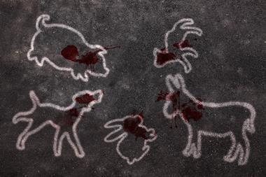 An illustration showing chalk outlines of various animals with blood on a road