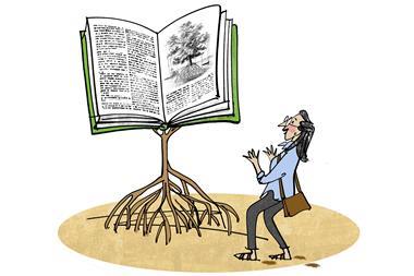 A cartoon of a woman astounded by a large book growing from a mangrove tree