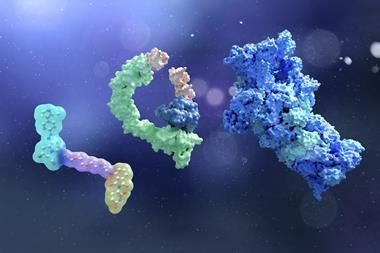 An abstract image of proteins involved in targeted protein degradation set over a purple background