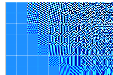 An image showing an array of squares of different blue and white patterns. The patterns towards the bottom left of the image are simple, mostly stripes, whereas the patterns towards the top right become more complicated and labyrinthine